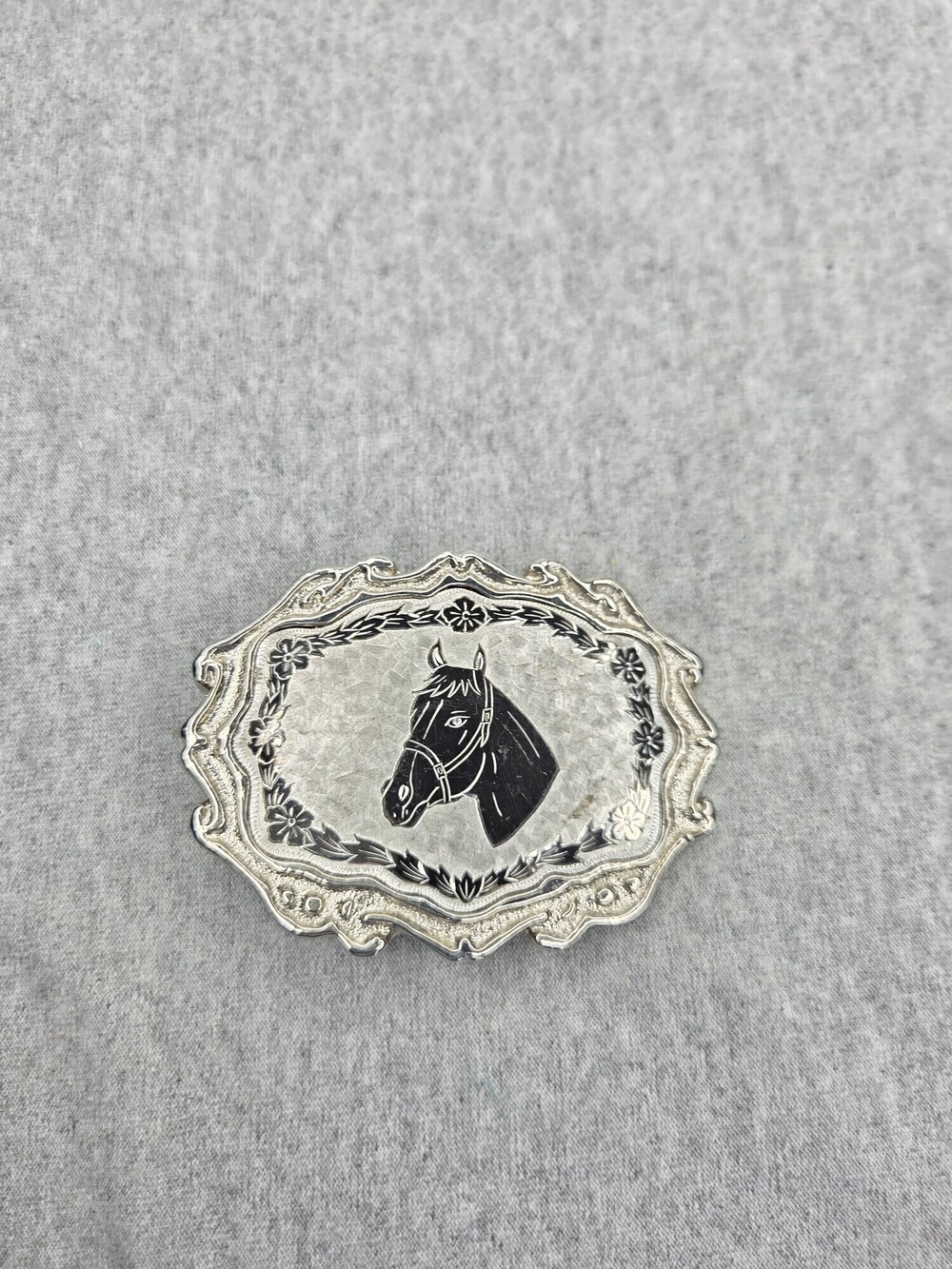 Vintage Horse Head Belt Buckle Silver Tone Engraved Floral Scroll USA